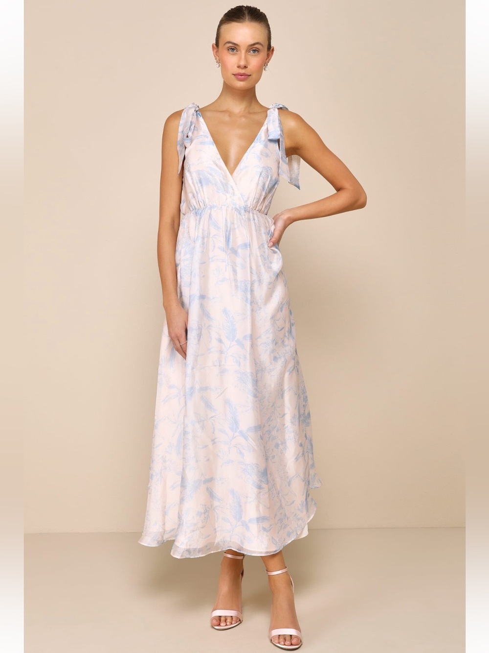 Lulu's Pale Blue Floral Tie-Shoulder Midi Dress
